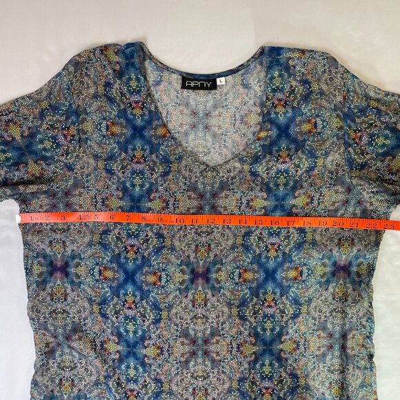 APNY Silky Tunic Size L 3/4 Sleeves V Neck Blue Abstract Snakeskin Print - Picture 5 of 10